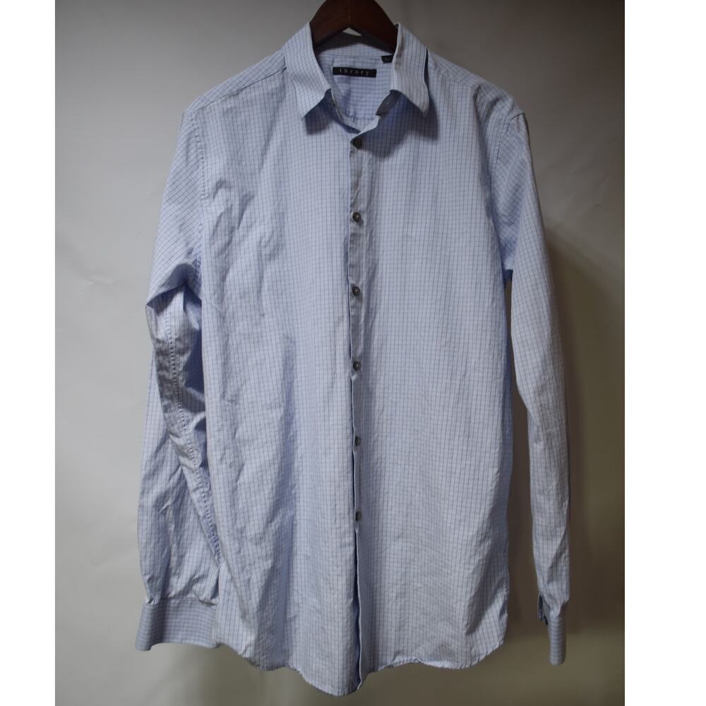 Theory Men’s 16 34/35 Blue Windowpane Check Long Sleeve Button Down Dress Shirt